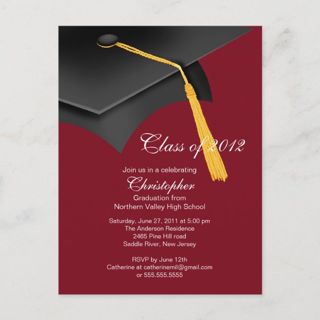 White Maroon Grad Cap Graduation Party Invitation Postcard (Front)