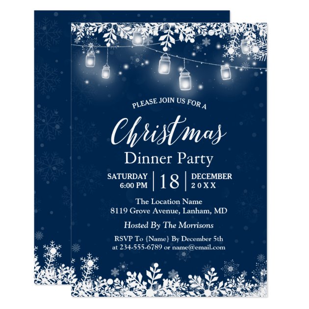 White Mason Jar Lights Snowflakes Christmas Party Invitation