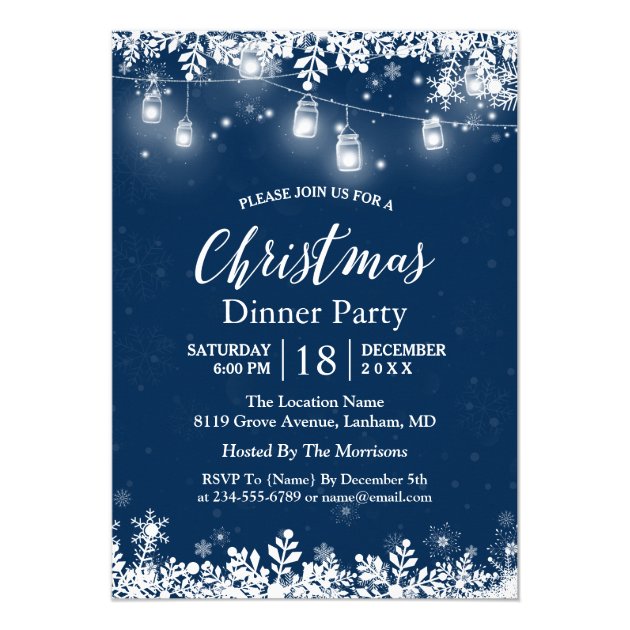 White Mason Jar Lights Snowflakes Christmas Party Invitation