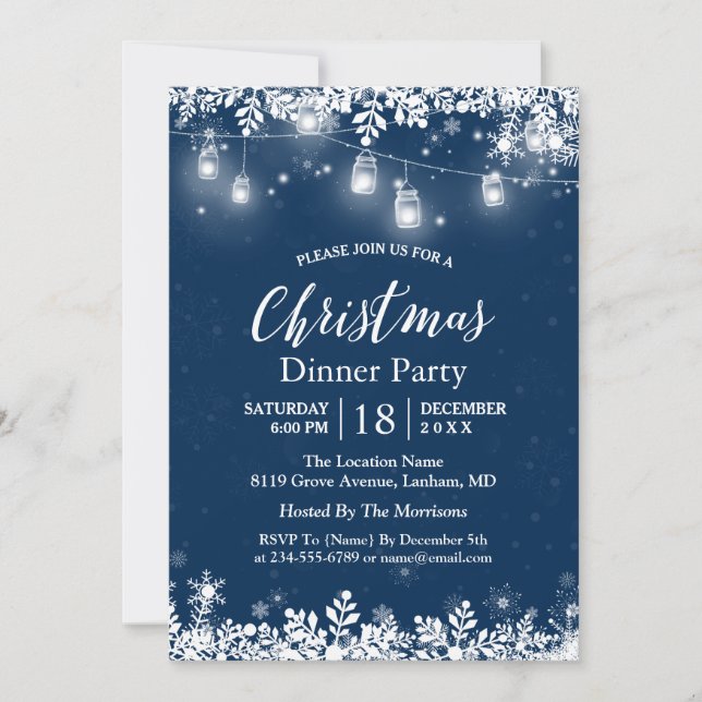White Mason Jar Lights Snowflakes Christmas Party Invitation (Front)