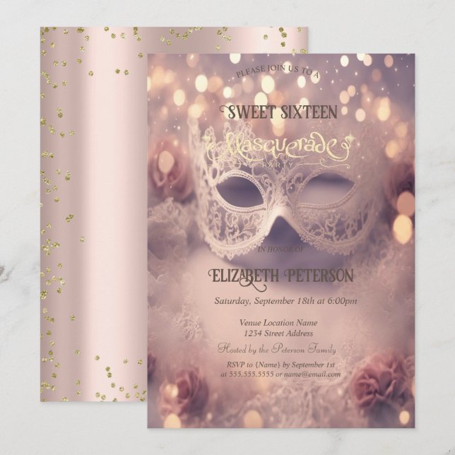 White Masque Diamonds Rose Gold Sweet 16   Invitation (Front/Back)