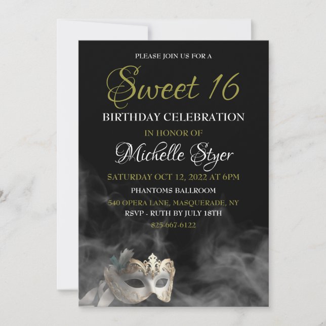 White Masquerade Sweet 16 Invitation (Front)