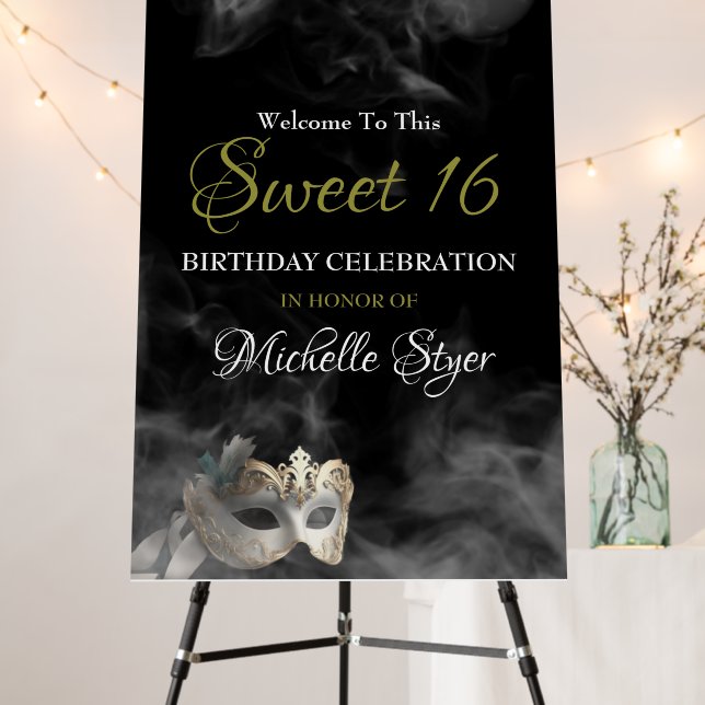 White Masquerade Sweet 16 Welcome Sign (In Situ (Stand))