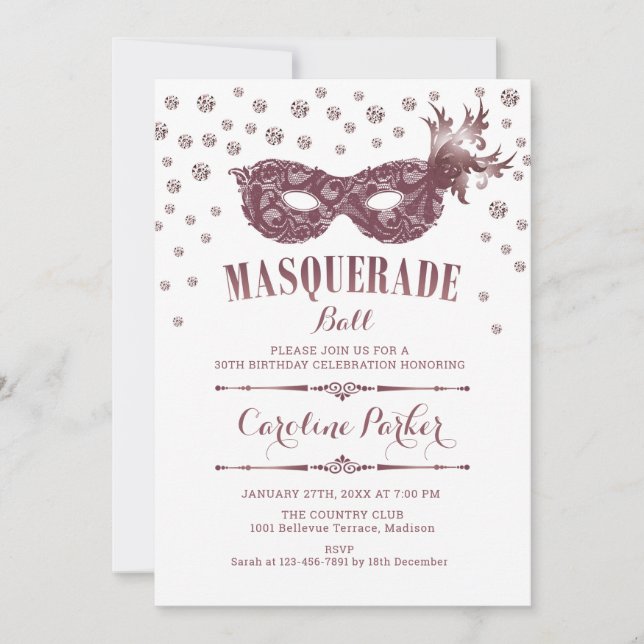 White Mauve Pink Masquerade Ball Birthday Party Invitation (Front)