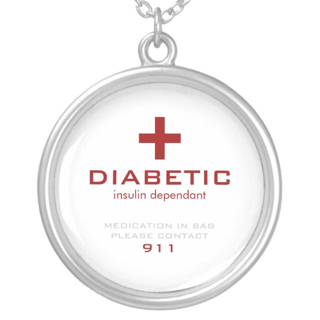 White Medical Alert, Diabetic Silver Plated Necklace (Front)