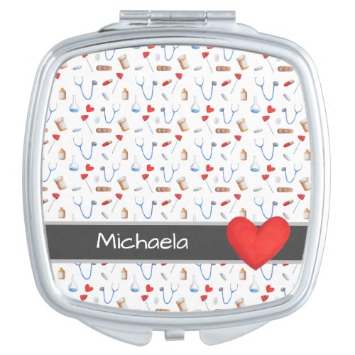 White Medical Equipment Pattern and Red Heart Compact Mirror