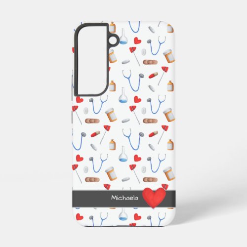 White Medical Equipment Pattern and Red Heart  Samsung Galaxy S22 Case