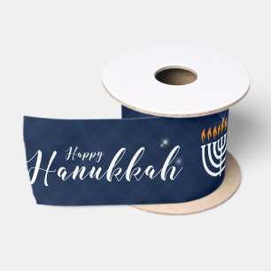 White Menorah with Blue and Modern Hanukkah Satin Ribbon