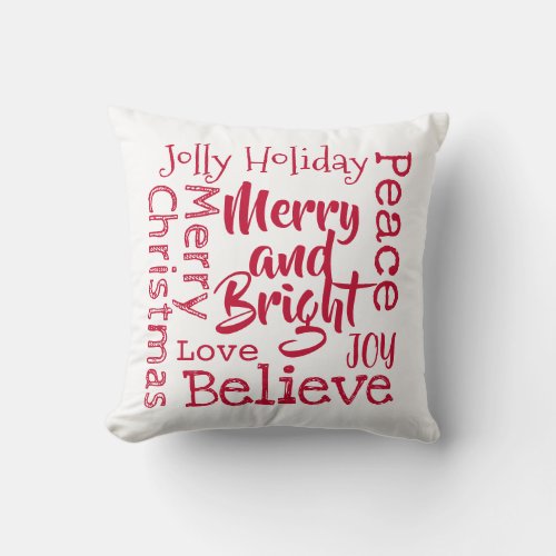 White Merry and Bright Christmas Sayings Red Throw Pillow