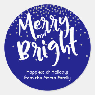 White Merry and Bright w/ Navy & Silver Confetti Classic Round Sticker