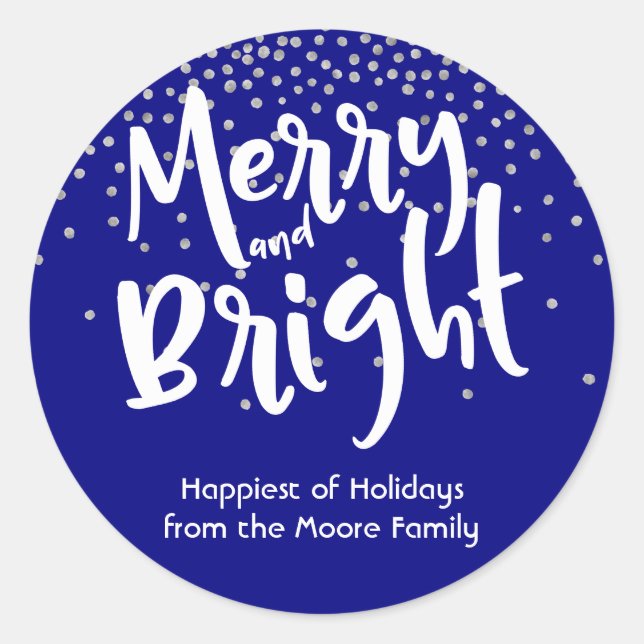 White Merry and Bright w/ Navy & Silver Confetti Classic Round Sticker (Front)