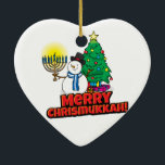 White Merry Chrismukkah with Snowman and Menorah Ceramic Ornament<br><div class="desc">Add these fun interfaith (Hanukkah and Christmas) ornaments to your Chrismukkah celebrations this year. If you celebrate the holidays together, these are a nice touch. This is our design and you won't find it anywhere other than in our store. Chrismukkah is celebrated by people usually in families with both Jewish...</div>