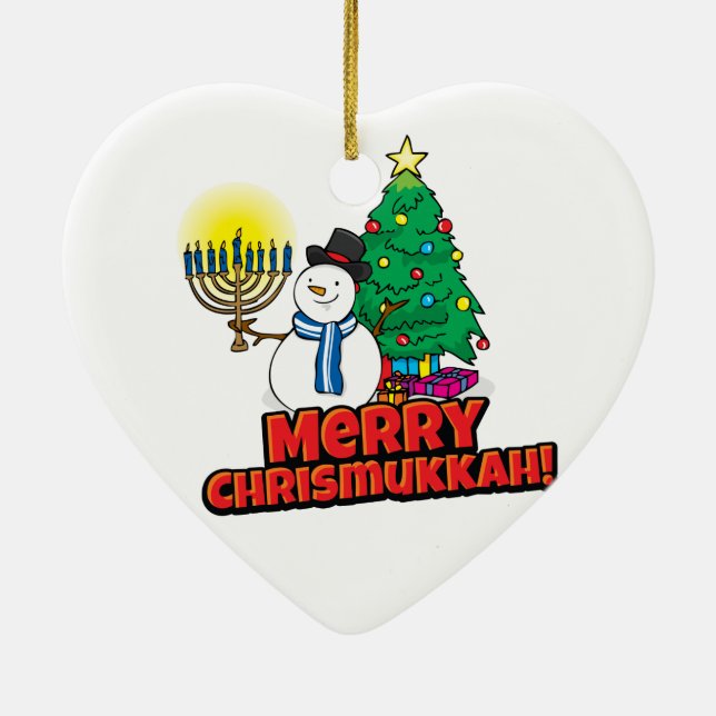 White Merry Chrismukkah with Snowman and Menorah Ceramic Ornament (Back)