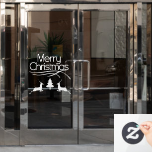 White Merry Christmas, deer and tree holidays Window Cling
