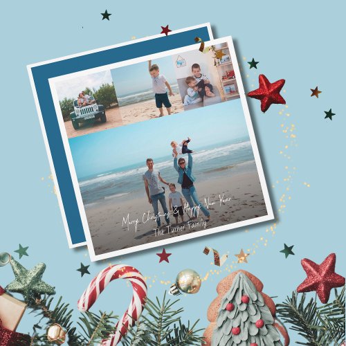 White Merry Christmas Happy New Year 4 Photo Blue Holiday Card