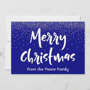 White Merry Christmas over Navy & Silver Confetti Holiday Card