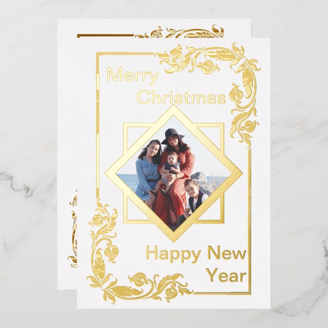 White Merry Christmas Photo Happy New Year Foil Holiday Card (Front/Back)