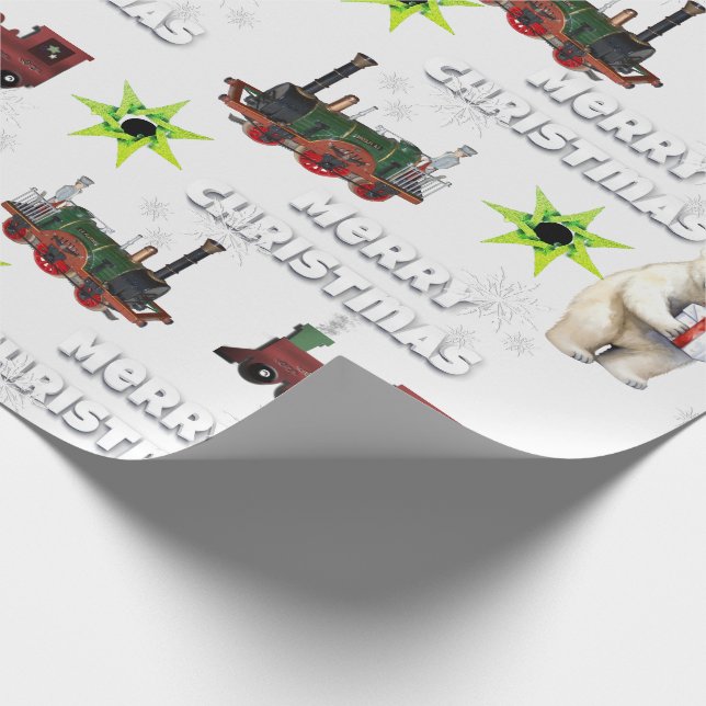 White Merry Christmas Polar Bear Stars Trains Wrapping Paper (Corner)