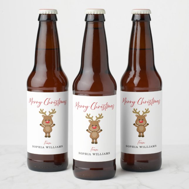 White Merry Christmas Reindeer Gift Present  Beer Bottle Label (Bottles)