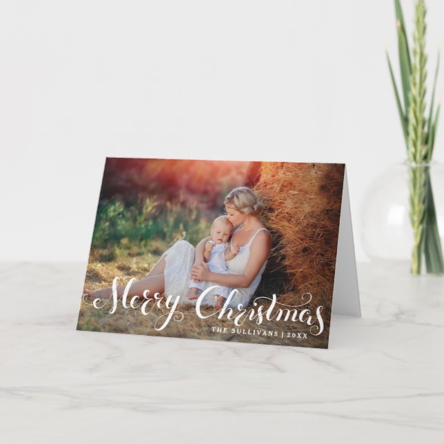 White Merry Christmas Script Holiday Photo Card (Front)