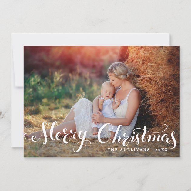 White Merry Christmas Script Holiday Photo Card