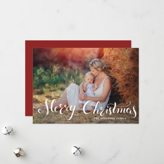 White Merry Christmas Script Holiday Photo Card (Front/Back In Situ)