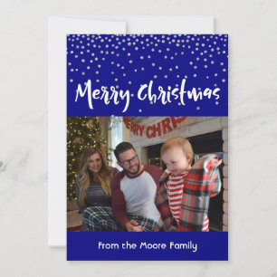 White Merry Christmas w/ Navy & Silver Confetti 3 Holiday Card