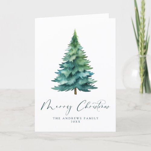 White Merry Christmas Watercolor Tree Non_Photo Holiday Card