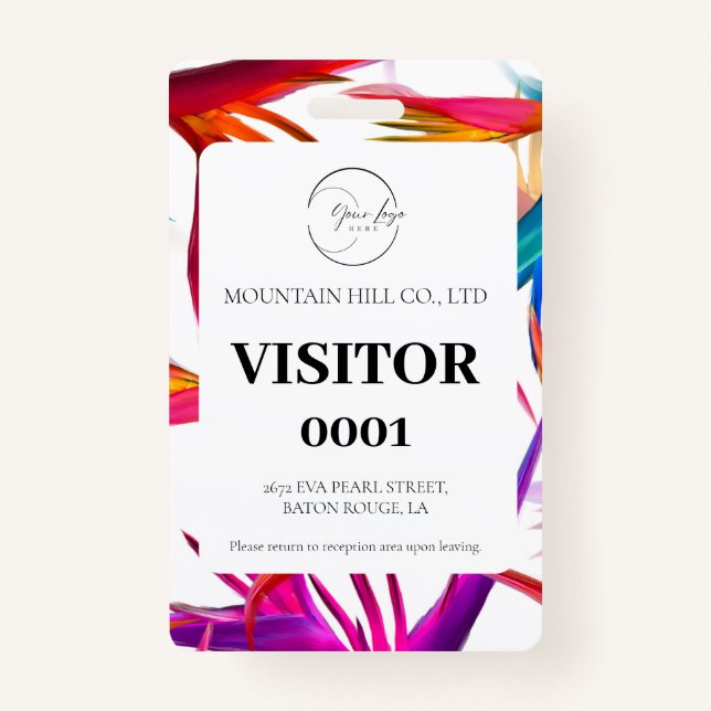 White Messy Tropical Colorful Visitor Card Badge (Front)