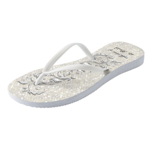 White Metallic Floral & Confetti Glitter Wedding Flip Flops Zazzle