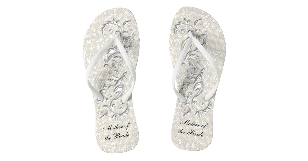 White Metallic Floral & Confetti Glitter Wedding Flip Flops Zazzle