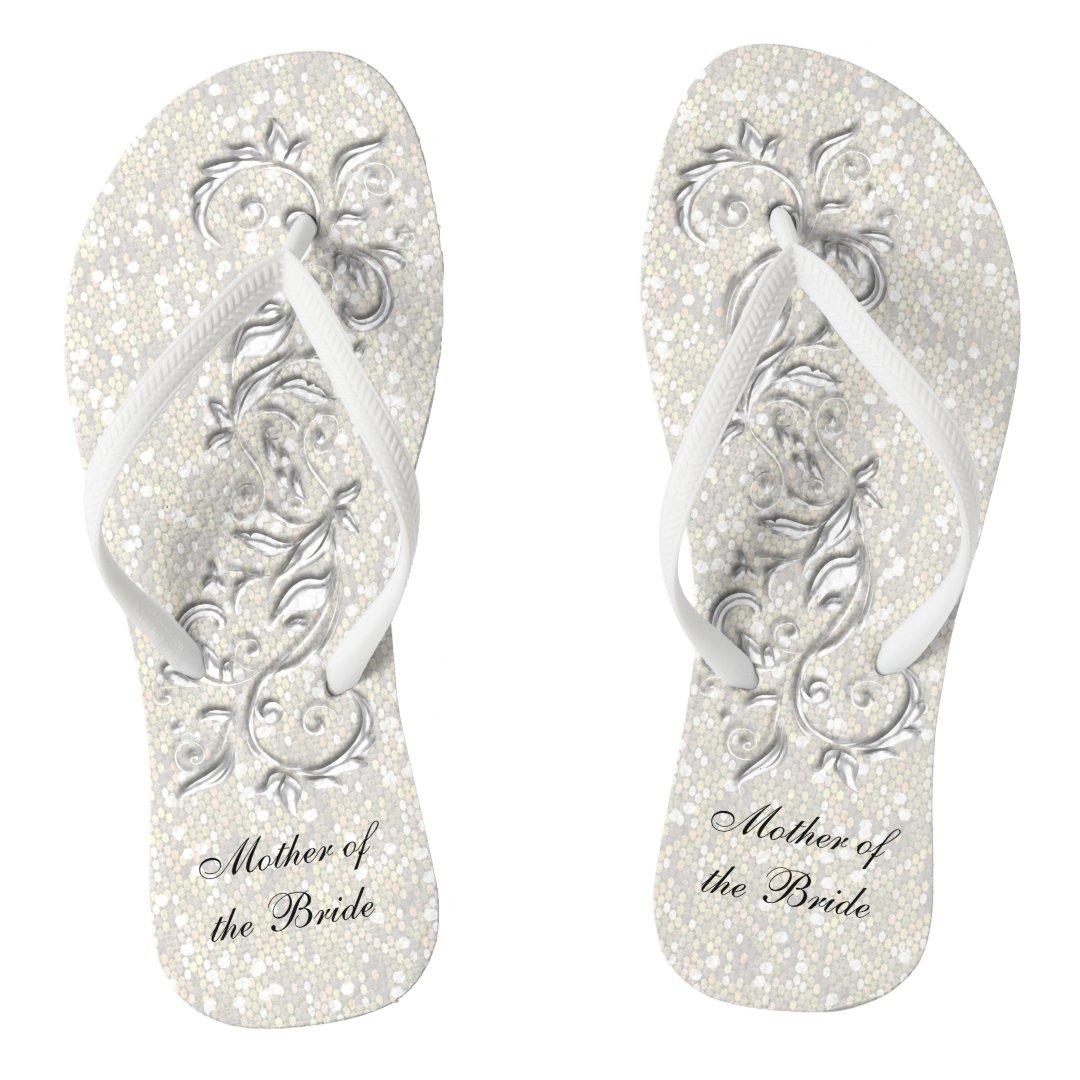 White Metallic Floral & Confetti Glitter Wedding Flip Flops Zazzle