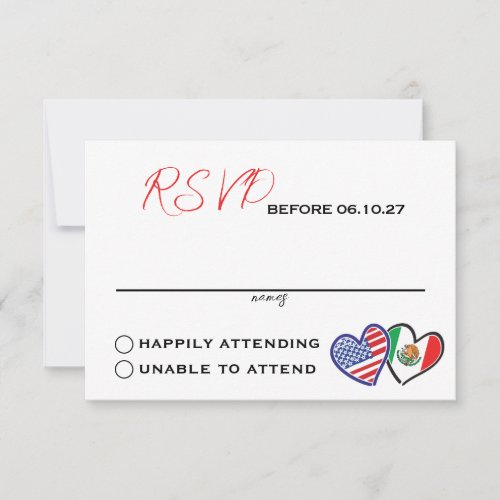 White Mexican American Heart Flags Wedding RSVP Card