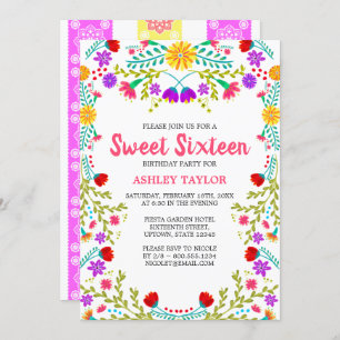 White Mexican Fiesta Folk Art Floral Sweet Sixteen Invitation
