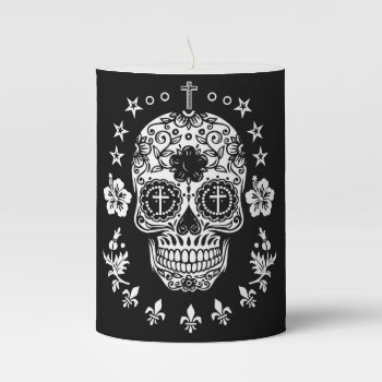 White Mexican Sugar Skull Crosses Flowers Stars Pillar Candle by TattooSugarSkulls at Zazzle