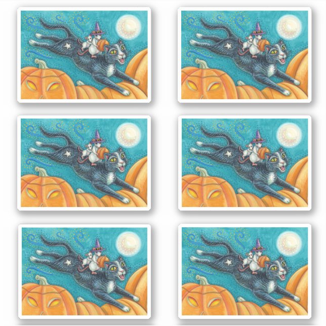 WHITE MICE & BLACK CAT ON HALLOWEEN PUMPKIN HUNT STICKER (Front)