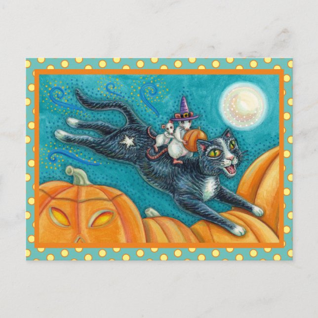WHITE MICE & BLACK CAT ON HALLOWEEN SCAVENGER HUNT POSTCARD (Front)