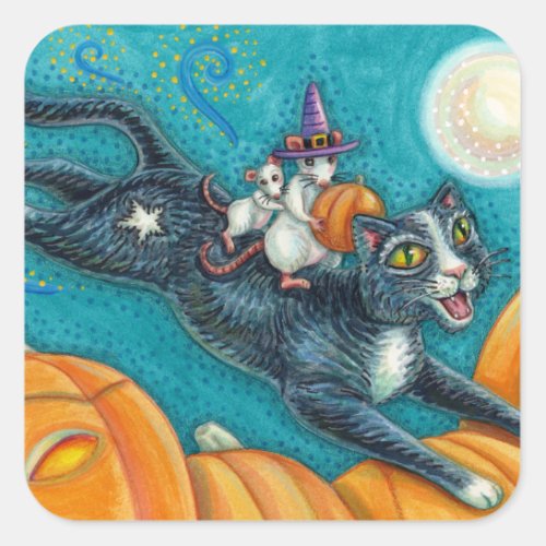 WHITE MICE  BLACK CAT ON HALLOWEEN SCAVENGER HUNT SQUARE STICKER