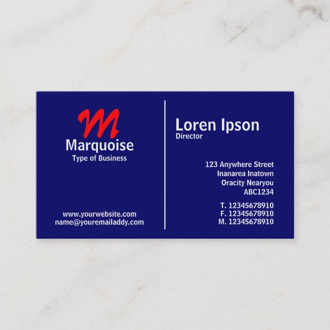 White Middle Rule Monogram - Dark Blue Business Card (Front)