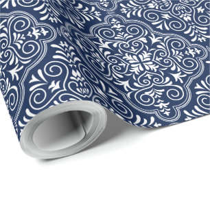 White & Midnight-Blue Moroccan Geometric Pattern Wrapping Paper
