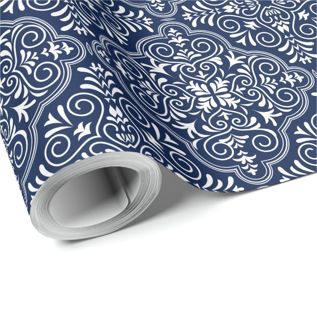 White & Midnight-Blue Moroccan Geometric Pattern Wrapping Paper (Roll Corner)