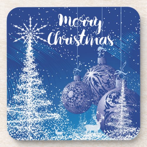 White  Midnight Blue Snow Merry Christmas Drink Coaster