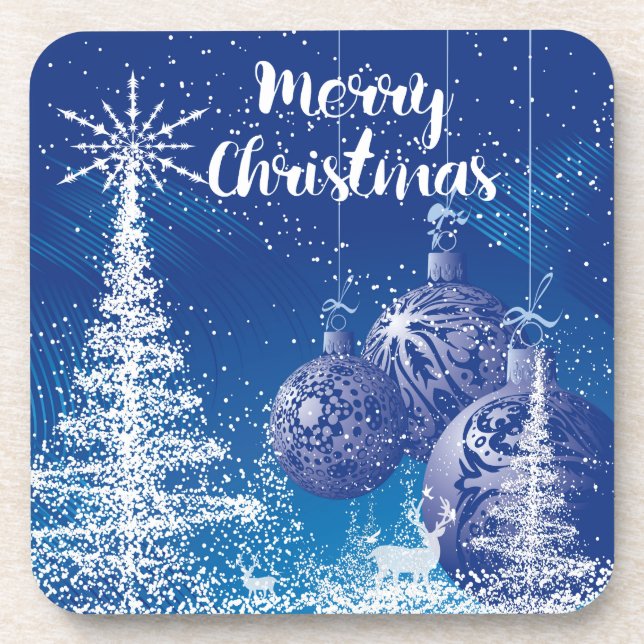 White & Midnight Blue Snow Merry Christmas Drink Coaster (Front)