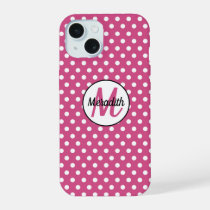 White Mini Polka Dots on Cranberry Pink iPhone 15 Case