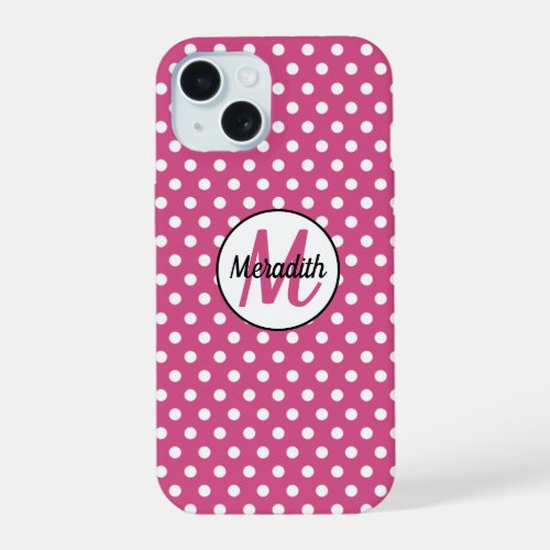 White Mini Polka Dots on Cranberry Pink iPhone 15 Case