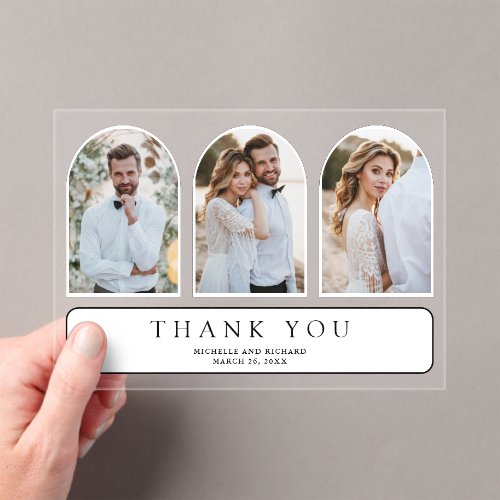 White Minimal Arch 3 Photo Wedding Thank You Acrylic Invitations
