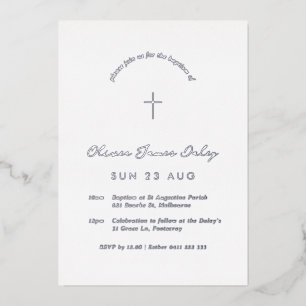 White Minimal Baptism Christening Cross Invitation Foil Invitation