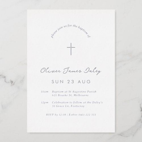 White Minimal Baptism Christening Cross Invitation Foil Invitation