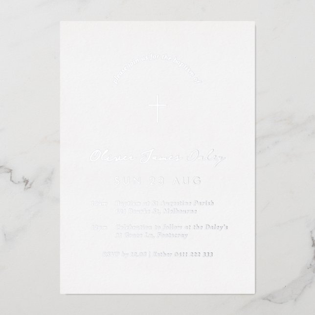 White Minimal Baptism Christening Cross Invitation Foil Invitation (Front)