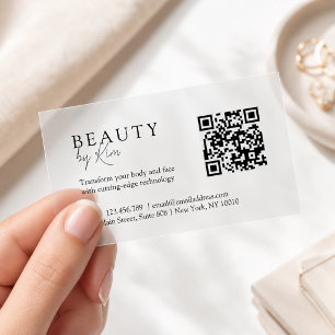 White Minimal Elegant Salon QR Code Clear Business Cards